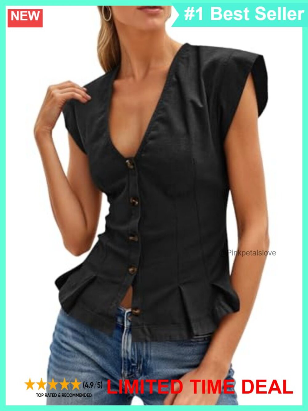 Womens V Neck Ruffle Hem Cropped Cotton Button Up Blouse